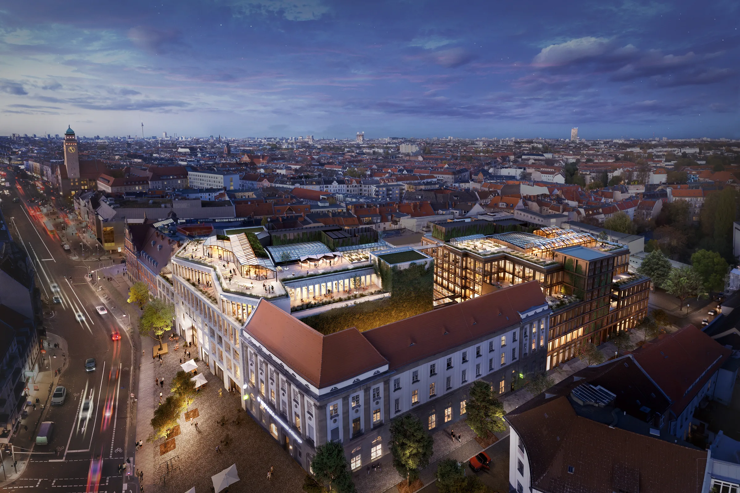 Luftaufnahme der smartvillage-Location an der Karl-Marx-Straße in Berlin bei Abendlicht