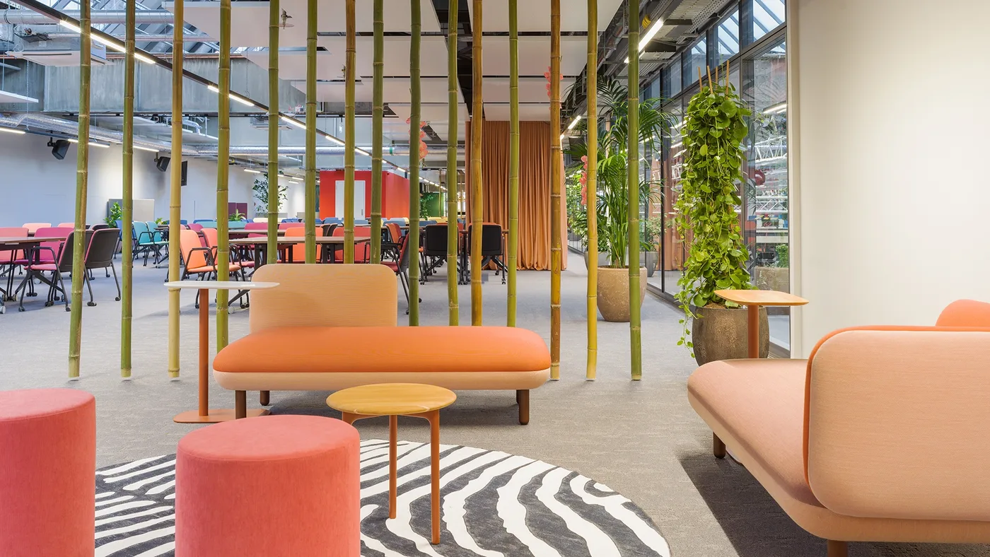 Lounge in Koralle mit Zebra-Teppich und Bambus