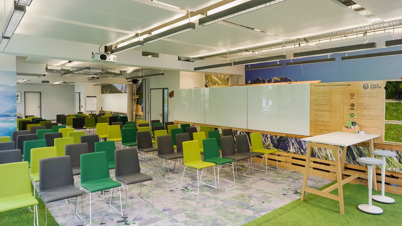 Seminar-Setup vor Whiteboard- und Sustainability-Wand